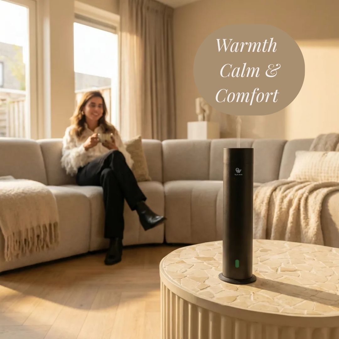 Woman sitting on a couch in a living room with a black cylindrical device labeled 'Warmth Calm & Comfort' on a table.