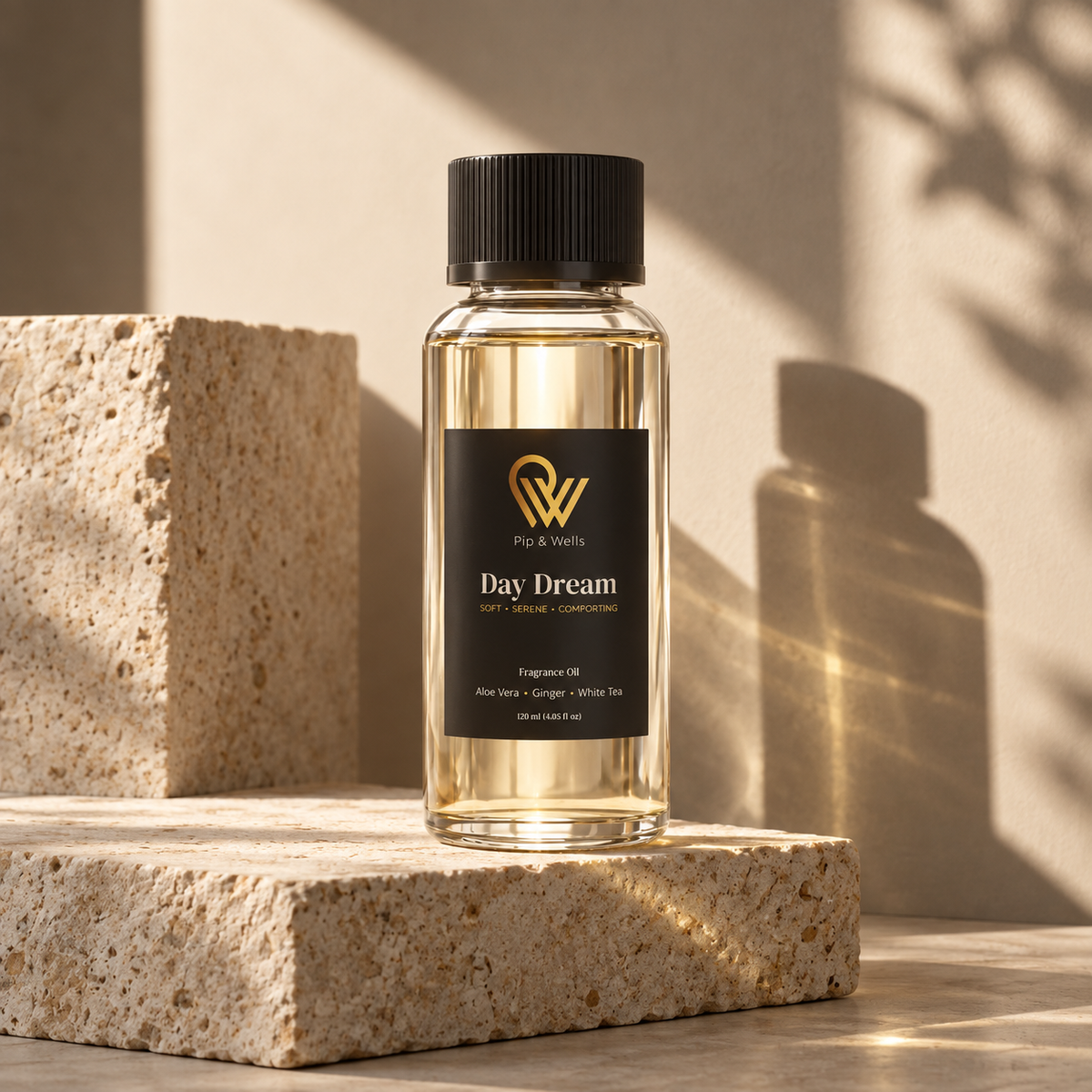Pip & Wells Day Dream 120 ml fragrance oil bottle on sculptural stone blocks in warm sunlight