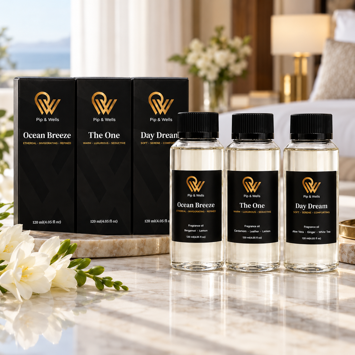Pip & Wells Hotel Fragrances gift set with Ocean Breeze, The One and Day Dream bottles beside their black boxes
