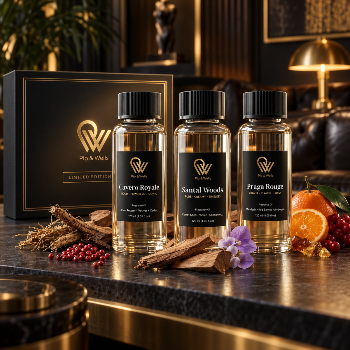 Pip & Wells Limited Edition fragrance oil gift set with three 120 ml bottles and a black gift box on dark marble