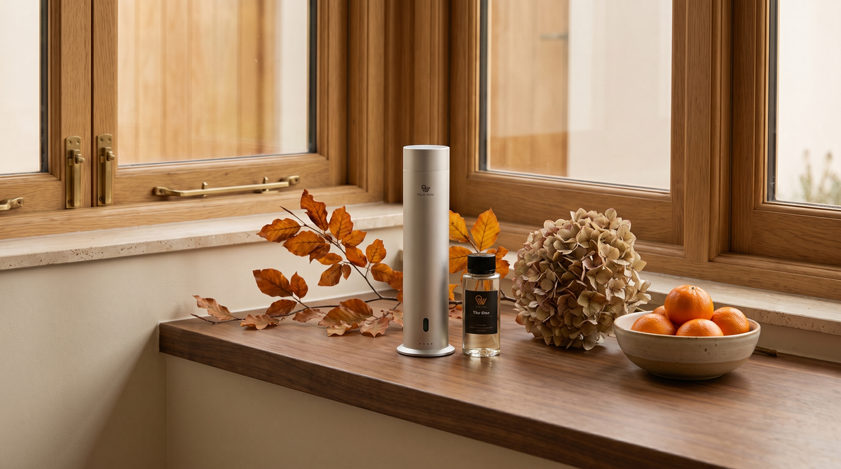Matte silver Pure One diffuser on a walnut windowsill with autumn leaves, dried hydrangea and clementines