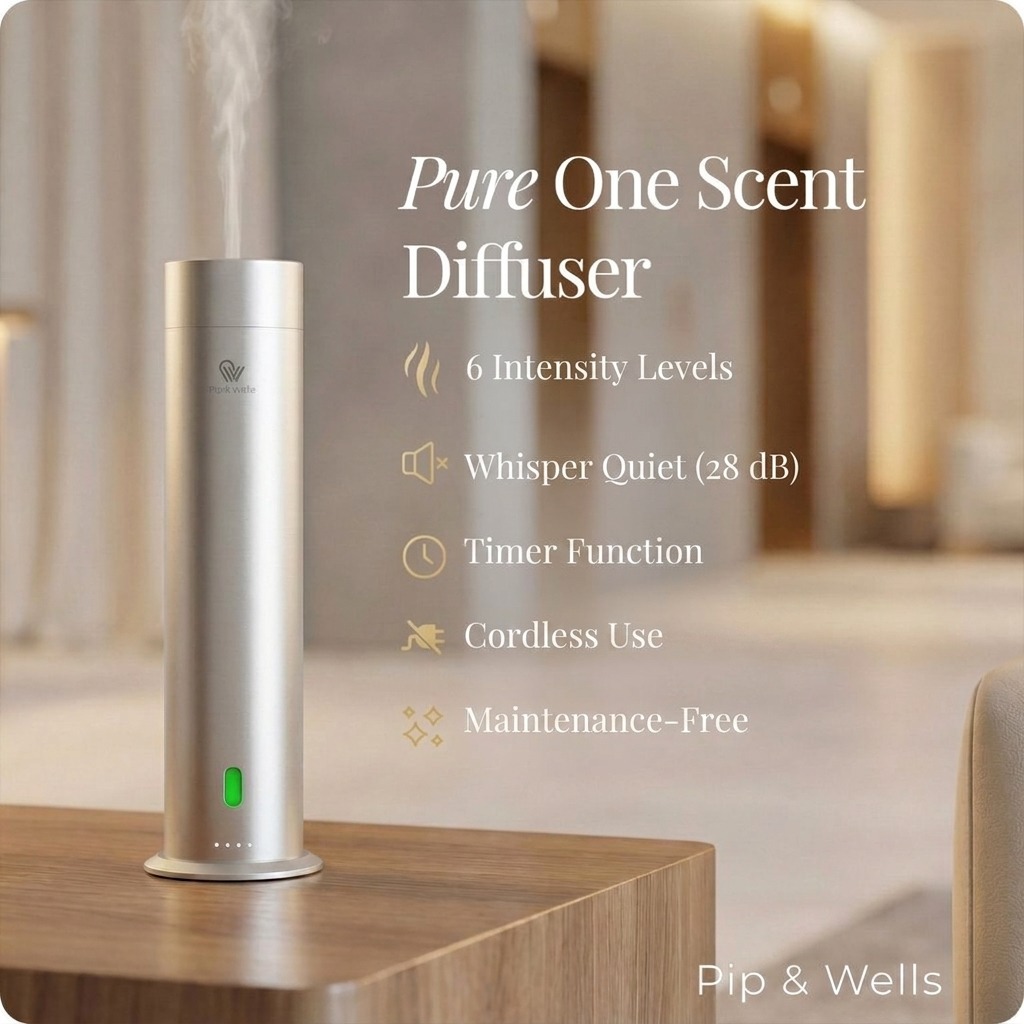 Pure One Scent Diffuser on a wooden surface with product features listed.