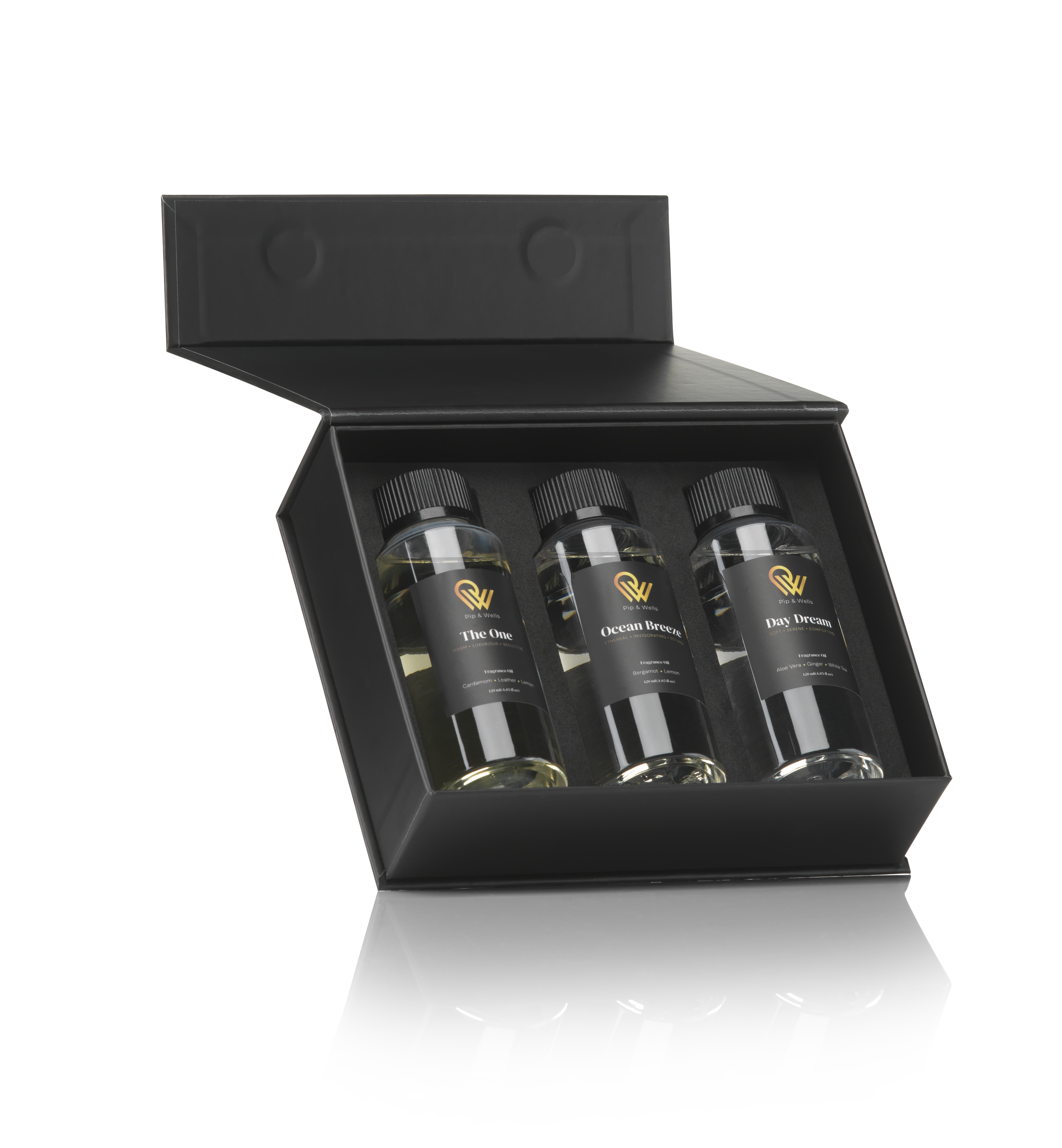 Three bottles of hotel fragrances in a black gift box on a white background
