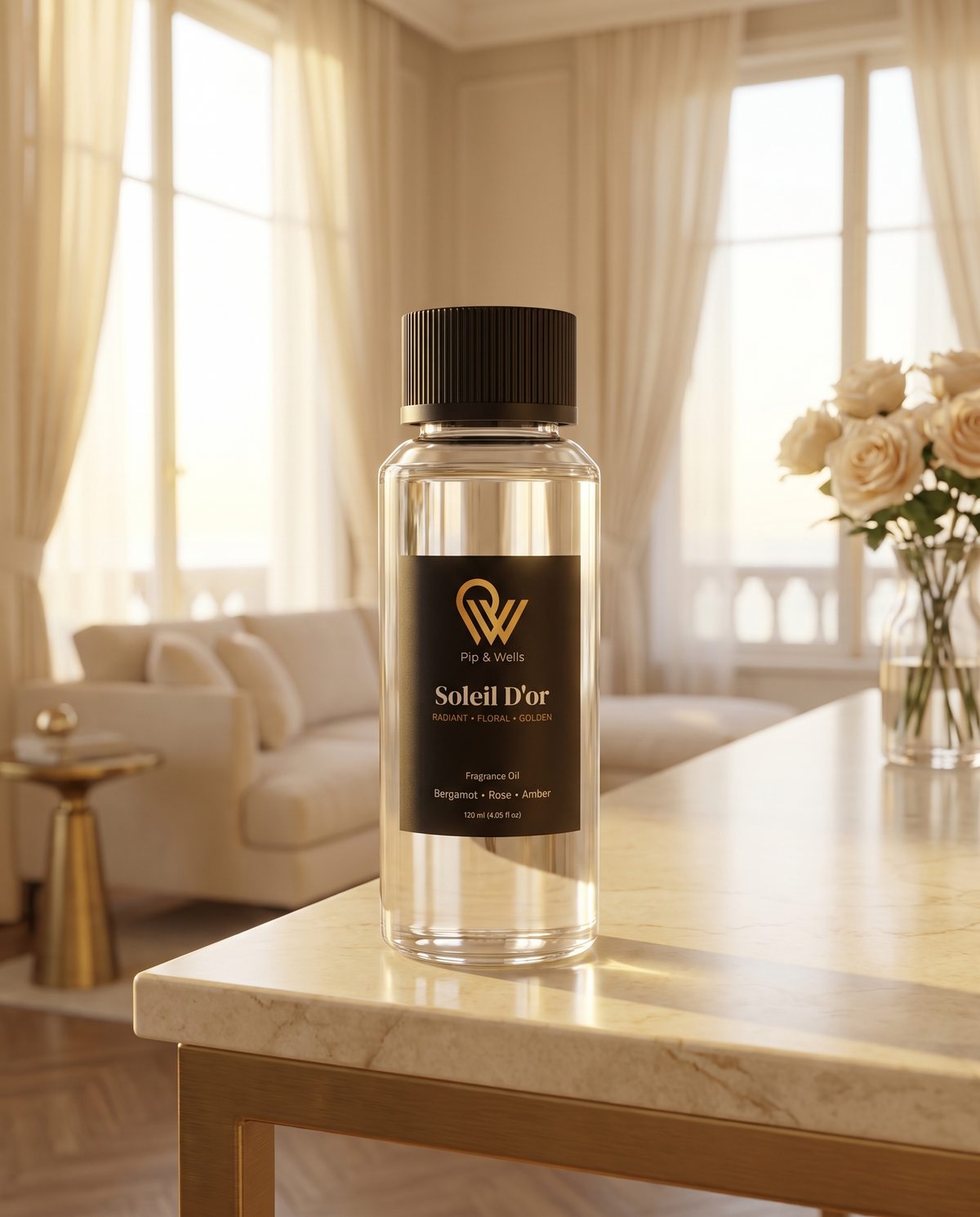 Pip & Wells Soleil D'or fragrance oil 120 ml bottle on a marble console in a sunlit hotel suite living room