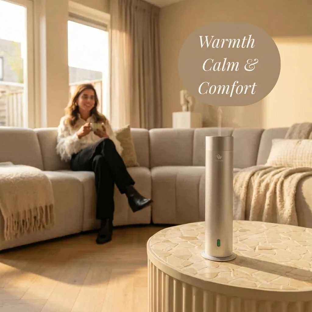 Pip & Wells Pure One matte silver waterless aroma diffuser in a living room