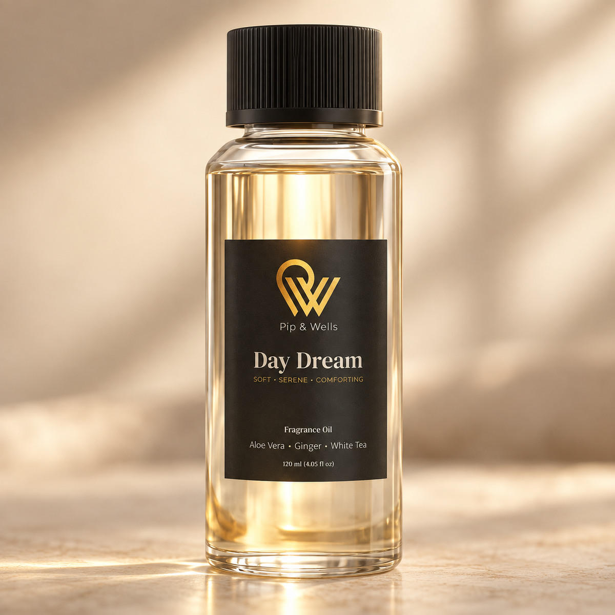 Close-up of the label on a 120 ml Pip & Wells Day Dream fragrance oil bottle