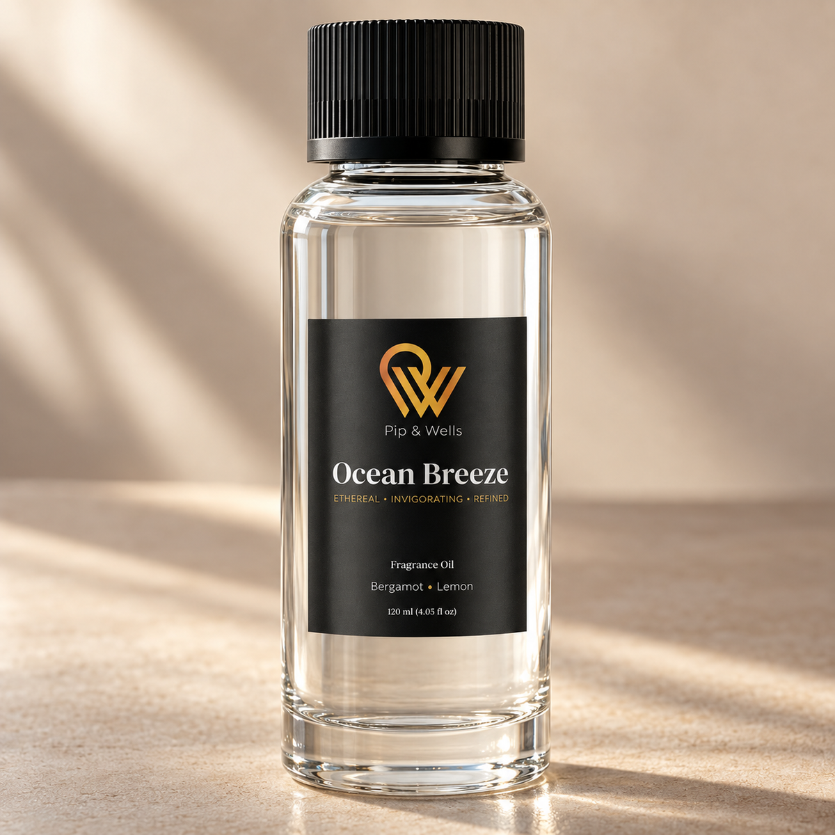Front view of a Pip & Wells Ocean Breeze 120 ml fragrance oil bottle against a warm beige background